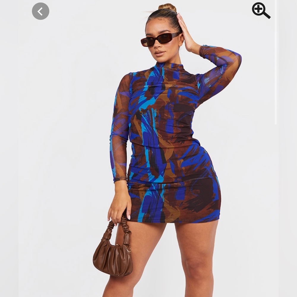 PLT blue abstract print high neck mesh dress, size 6